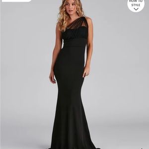Long black formal one shoulder dress. Worn once for wedding.